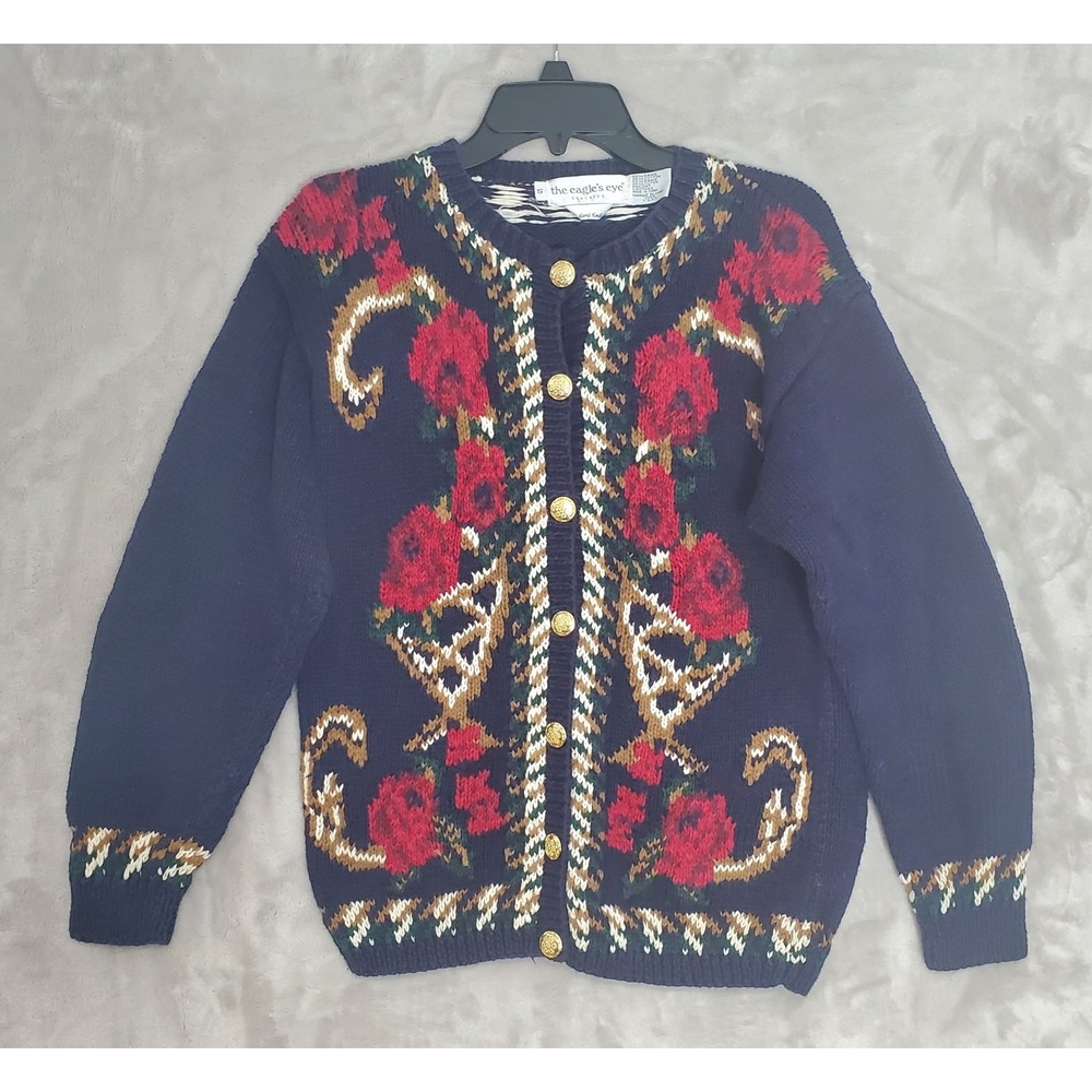 Vintage Eagles Eye Sweater Womens S Dramatic Navy Floral Cardigan Buttons EUC